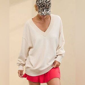 Aerie Vacay Every Day V Neck Oversized Sweatshirt Oatmeal M